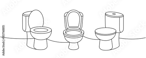 Ceramic toilets one line continuous drawing. Hygiene bathroom toilets. Vector illustration