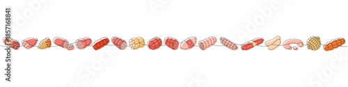 Fresh raw sausages set. Butcher shop meat one line colored continuous drawing. Vector illustration