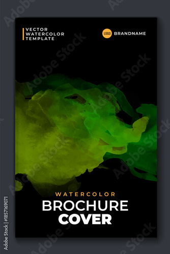 Bright green vector colorful watercolor on vertical black A4 background for booklet or brochure