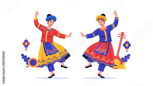 Two women in traditional ethnic costumes dancing with musical instrument, vibrant colors
