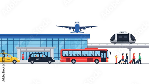 Airport Transportation Hub with Plane, Train, Bus, Taxi, and Passengers