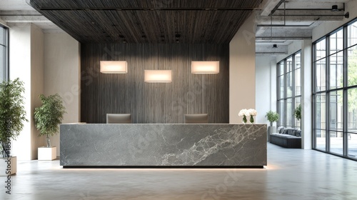 Modern Lobby Reception Desk with Marble with Wood  Plants in Bright Office.