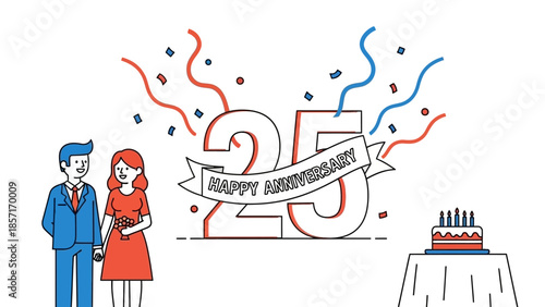 Couple Celebrating 25th Anniversary with Cake and Confetti - Vector Illustration