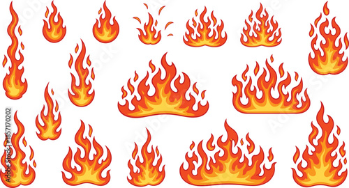 Big set of cartoon fire and flame elements vector illustration with different burning shapes in flat style