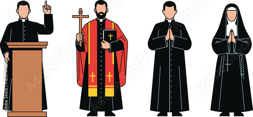 Christian priest and nun characters vector set with preaching praying and religious ceremony poses in flat illustration style