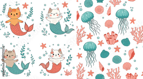Cute cat mermaid characters with ocean elements vector set in pastel cartoon style for kids nursery design