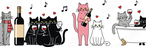 Funny cartoon cats drinking wine and celebrating together vector illustration set with music hearts and party mood