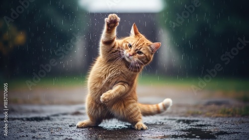 Playful ginger tabby cat stands upright during a gentle rain in a garden setting
