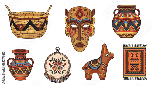 Tribal Art Objects: Mask, Basket, Vases, Rug, Donkey, Embroidery