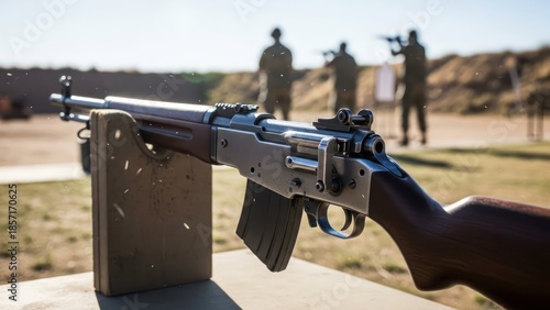 Precision shooting demonstration at an outdoor range, showcasing focused marksmanship skills,