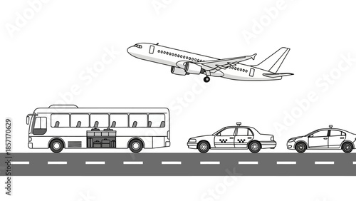 Airplane flying over bus and taxis on road, transportation concept