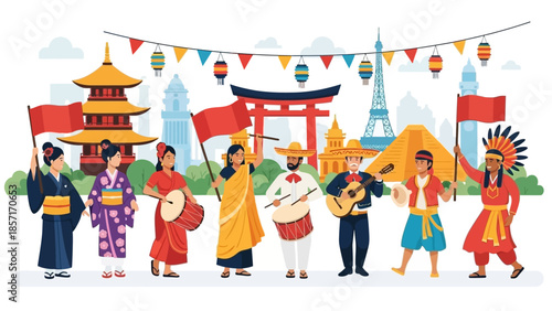 Diverse Cultures Celebration: People of the World Unite with Flags and Music
