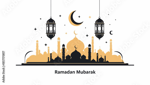 Flat design illustration of a mosque cityscape with lanterns and a crescent moon on a white background with Ramadan Mubarak text.