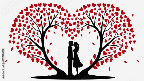 Couple embracing under heart-shaped trees, isolated on white background