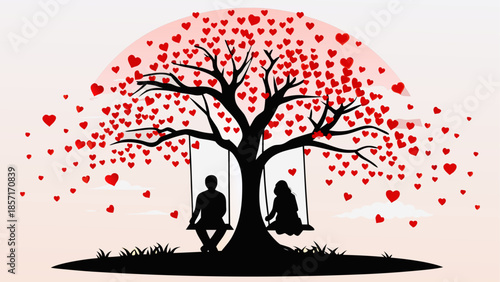 Couple on swings under heart-shaped tree isolated on white background