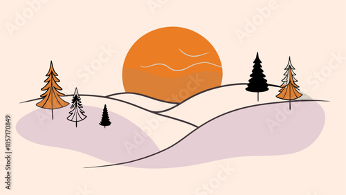 Winter landscape with sunset isolated on white background