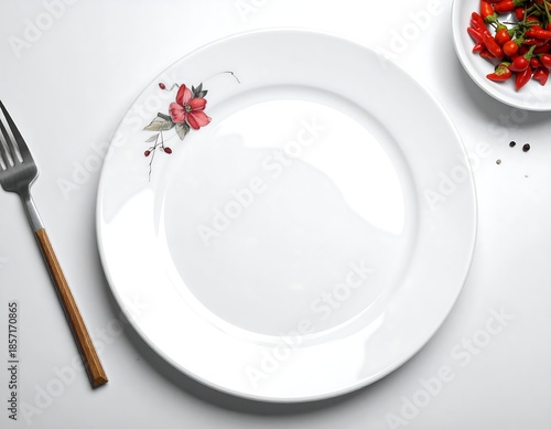 Overhead view with floral plate, fork, and chili peppers on white surface