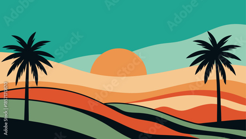 Desert sunset with palm trees isolated on white background