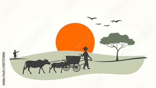 Rural sunset scene with ox cart isolated on white background