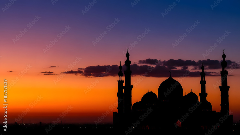 Obraz premium Silhouette of Grand Mosque at Sunset with Colorful Evening Sky