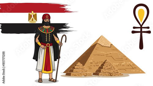 Ancient Egyptian Man, Pyramids, Ankh Symbol & Flag - Historic Travel Concept
