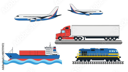 Diverse transportation vehicles: airplane, truck, ship, and train