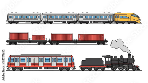 Collection of Diverse Trains: Modern High-Speed, Freight, Metro, and Steam Locomotive