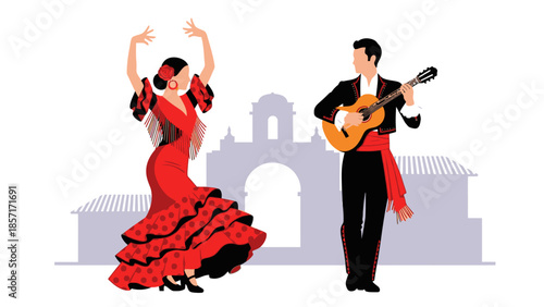 Flamenco Dancer and Guitarist Perform in Front of Spanish Architecture