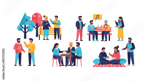 Diverse people enjoying outdoor activities and socializing in flat design style.