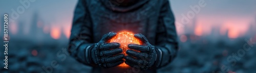 Pirate Treasure Mystical concept. A human figure holding a glowing orb in a futuristic environment.