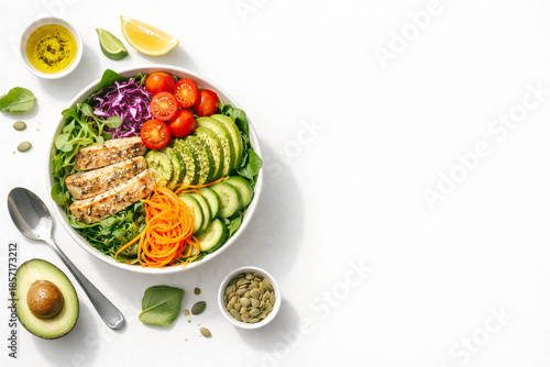 A vibrant and healthy salad bowl with grilled chicken, avocado, and fresh vegetables on a white background.