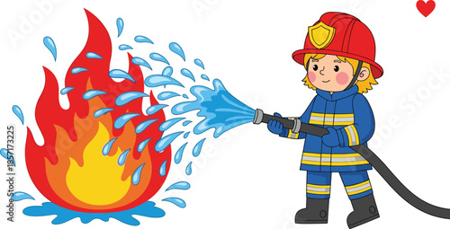 Cartoon firefighter illustration, spraying water on blazing flames, wearing protective helmet and uniform, fire safety concept, emergency rescue scene, educational vector art