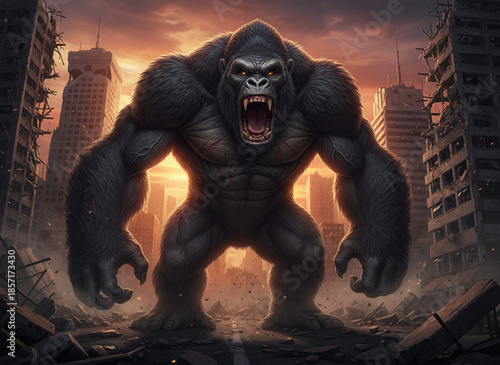 Giant Mythical Ape Creature in Destroyed City Illustration