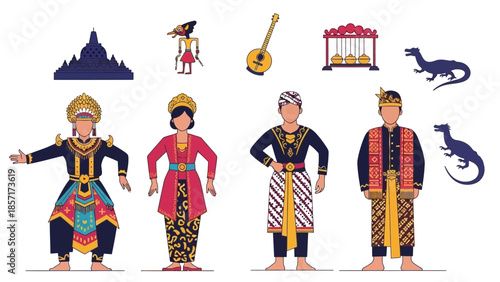 Indonesian Cultural Elements: Traditional Costumes, Temple, Puppet, Music, and Mythology