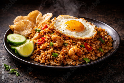 Canvastavla Steaming plate of Nasi Goreng with shrimp, fried egg, crackers, cucumber, and lime