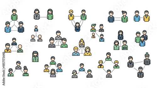 Teamwork and Network Connections: Diverse People Icons in Groups