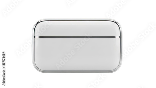 Sleek white wireless earbud charging case with silver trim on transparent background