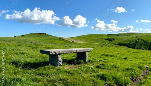 Scenic view of stone bench in lush green field with rolling hills and blue sky