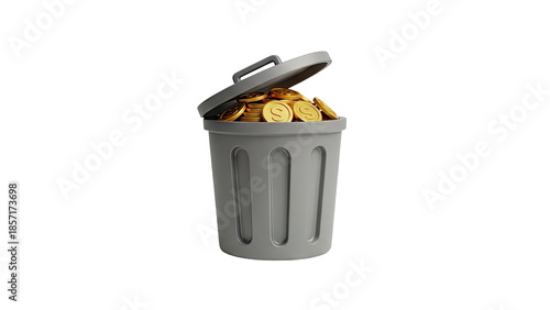 Trash Can Full of Gold Coins on transparent background