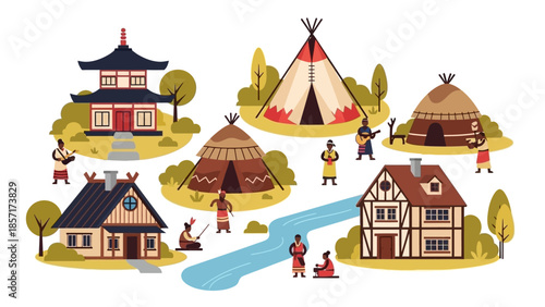 Diverse Cultural Homes and People Illustration