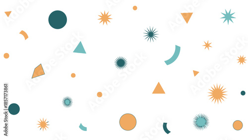 Abstract geometric shapes scattered on white background, playful pattern, minimal design