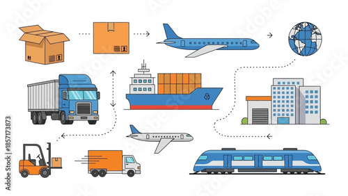 Global Logistics and Shipping Network: Truck, Ship, Plane, Train, Forklift, Warehouse
