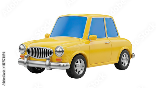 Yellow cartoon car with blue windows on transparent background