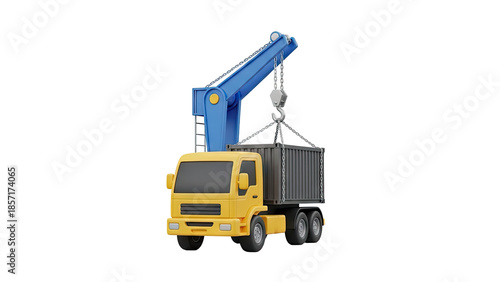 Yellow crane truck with shipping container on transparent background