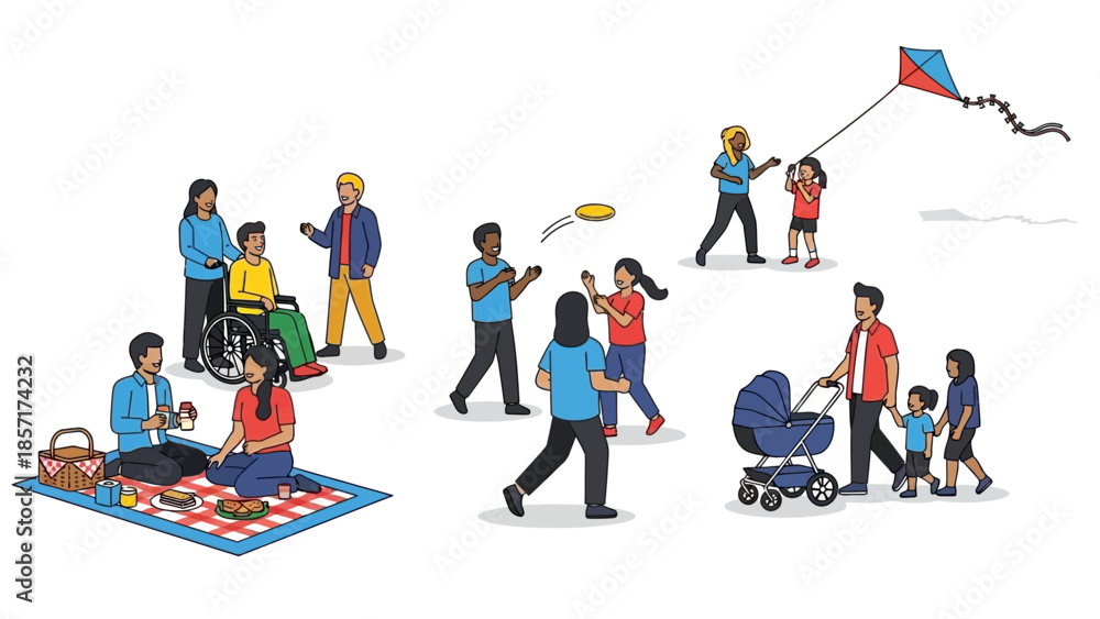 Fototapeta premium Diverse people enjoying outdoor activities: picnic, kite flying, frisbee, family walk