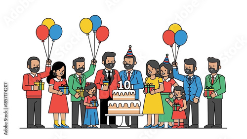 Happy 10th Anniversary Celebration with Balloons, Gifts, and Cake