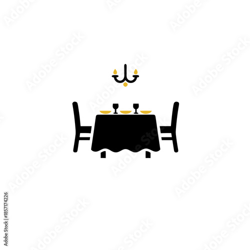Dining room setup with a table, chairs, and chandelier icon