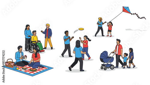 Diverse people enjoying outdoor activities: picnic, kite flying, frisbee, family walk