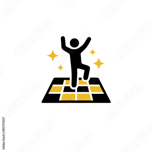 Energetic celebration icon featuring a stylized figure dancing on a vibrant checkered floor with sparkling accents, embodying happiness and lively movement