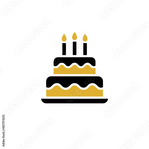 Simple Birthday Cake Icon with Three Candles, Black and Gold Color Scheme, Celebratory and Festive Design